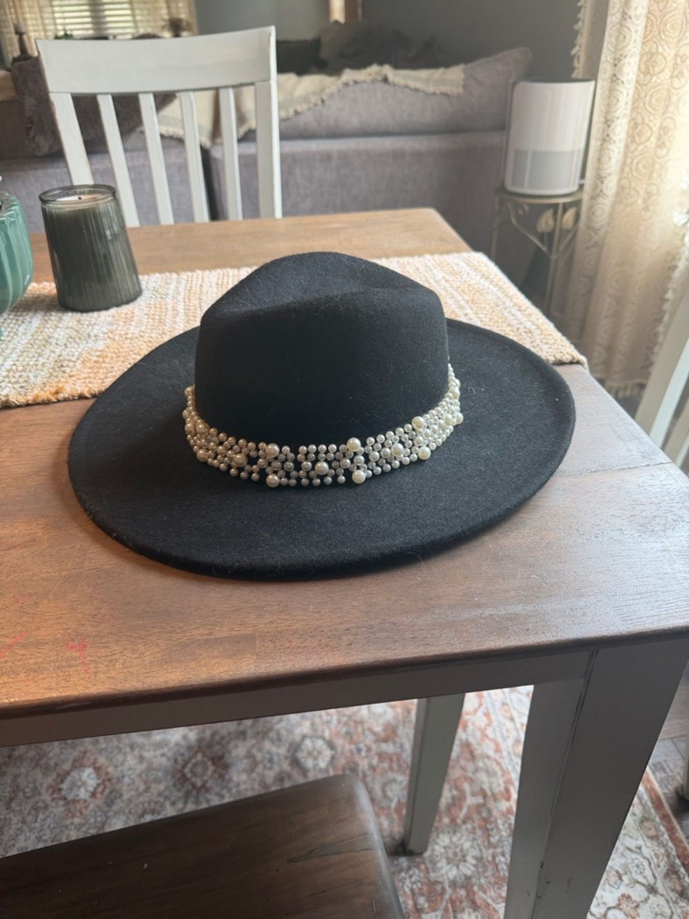 Black Pearl-Trim Wool Fedora Hat